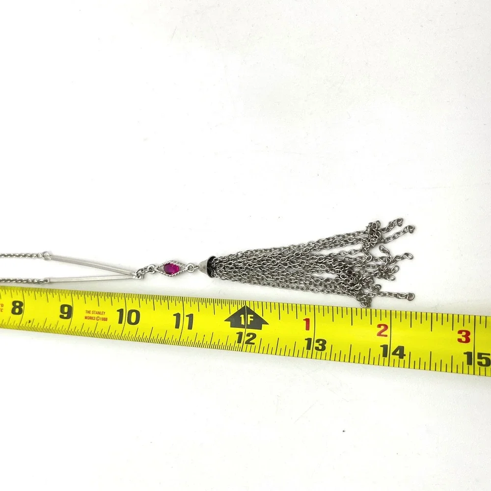 Sarah Coventry Vintage Silver Tone Pink Rhinestone Strand‎ Tassel Y Necklace